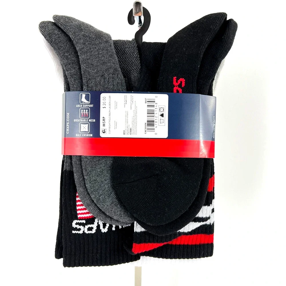 NEW Chaps Men’s Athletic Crew Socks 6 Pairs Arch Support Black Shoe Size 6-12.5